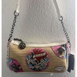 NWT Ed Hardy Shoulder Bag Skull Rose Graphic white bamboo Chain Charm Zip PT2